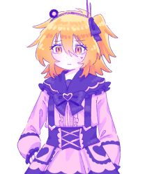 1girl a.i._voice adachi_rei adricheri black_bow black_ribbon bow closed_mouth commentary dot_nose english_commentary facial_mark frilled_shirt frilled_sleeves frills hair_ribbon hand_on_own_hip headlamp heart heart_facial_mark jirai_kei long_sleeves one_side_up orange_eyes orange_hair pink_shirt radio_antenna ribbon shirt simple_background solo upper_body utau white_background