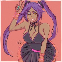 Rule 34 | 1girl, ;d, alternate costume, alternate hairstyle, aqua nails, artist name, bare shoulders, bead bracelet, beads, black dress, black ribbon, black scrunchie, bleach, border, bracelet, breasts, cleavage, collarbone, commentary request, cowboy shot, dark-skinned female, dark skin, doodle inset, dress, eyeshadow, film grain, grin, hair ornament, hair scrunchie, hand up, highres, jewelry, large breasts, long hair, looking at viewer, makeup, nail polish, neck ribbon, one eye closed, open mouth, outside border, parted bangs, pink background, pink lips, purple hair, ribbon, scrunchie, shihouin yoruichi, sidelocks, simple background, sleeveless, sleeveless dress, smile, solo, spaghetti strap, strikek-lvvjm27, twintails, v-shaped eyebrows, very long hair, white border, yellow eyes