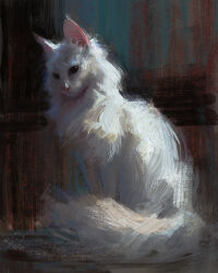 Rule 34 | animal, animal focus, black eyes, brush stroke, cat, faux traditional media, full body, highres, impressionism, lane brown, looking ahead, no humans, original, painterly, photoshop (medium), realistic, sitting, solo, white cat, white fur