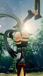 1girl 3d ass ass_focus black_leotard breasts butterfly_swords curvy forest full_body highleg highleg_leotard highres holding holding_weapon huge_ass iroha_(samurai_spirits) large_breasts leotard maid maid_headdress nature samurai_spirits screencap shiny_skin short_hair sideboob skindentation sky solo thighhighs third-party_edit thong_leotard weapon wide_hips