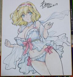 1girl alice_margatroid alternate_costume art_tools_in_frame babydoll blonde_hair blue_babydoll blue_eyes blue_panties bow breasts capelet cleavage commentary_request dated frilled_hairband frills hairband highres large_breasts lingerie long_hair monety panties photo_(medium) red_bow red_hairband shikishi signature solo touhou traditional_media underwear