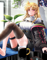 Rule 34 | 1girl, alternate costume, asymmetrical legwear, barefoot, belt, black jacket, black skirt, black thighhighs, blonde hair, blush, breasts, cellphone, chest belt, closed mouth, commentary request, cup, day, fate testarossa, feet out of frame, high-waist skirt, highres, indoors, jacket, knees up, large breasts, long hair, long sleeves, looking at viewer, lyrical nanoha, mahou shoujo lyrical nanoha strikers, off shoulder, paid reward available, parted bangs, phone, red eyes, ribbed sweater, single thighhigh, sitting, skirt, smartphone, solo, sougetsu izuki, sweater, table, thigh strap, thighhighs, turtleneck, turtleneck sweater, white sweater, window