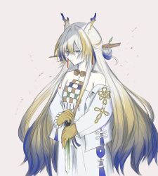 1girl arknights bare_shoulders beads blonde_hair blood blue_eyes closed_mouth colored_extremities commentary_request dragon_girl dragon_horns earrings frown grey_background hair_between_eyes hair_intakes highres holding holding_sword holding_weapon horns jacket jewelry komugi_(user_ddtf8553) long_hair long_sleeves looking_ahead multicolored_hair necklace off_shoulder pale_skin partial_commentary pointy_ears purple_hair shu_(arknights) sketch solo standing strapless sword tube_top weapon white_hair white_jacket white_tube_top