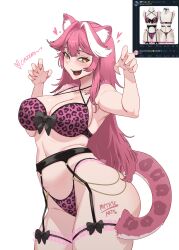 1girl absurdres animal_ears artist_name bilingual_commentary black_bow black_garter_belt blush bow bra breasts claw_pose collarbone commentary english_commentary fangs fingernails frilled_thigh_strap garter_belt hair_intakes heart highres hololive hololive_english large_breasts leopard_print_bra leopard_print_panties long_hair looking_at_viewer mixed-language_commentary multicolored_hair myth1carts nail_polish navel open_mouth paid_reward_available panther_ears panther_girl panther_tail pink_bra pink_hair pink_nails raora_panthera reference_inset simple_background smile solo stomach streaked_hair tail teeth thigh_bow thigh_strap thighs two-tone_hair underwear upper_teeth_only virtual_youtuber white_background white_hair yellow_eyes