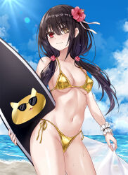 1girl asle beach bikini blue_sky blush breasts closed_mouth cloud date_a_live day flower gold_bikini golden_week hair_flower hair_ornament heterochromia hibiscus highres holding holding_surfboard looking_at_viewer low_twintails medium_breasts navel ocean outdoors pink_flower red_eyes side-tie_bikini_bottom sky smile solo stomach surfboard swimsuit tokisaki_kurumi twintails wet yellow_eyes