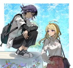 1boy 1girl absurdres akamatsu_kaede alternate_costume antenna_hair arms_on_knees backpack bag belt black_belt black_pants black_shirt black_shoes blonde_hair blue_bag blue_sky border cowboy_shot crossed_arms danganronpa_(series) danganronpa_v3:_killing_harmony denim flower fortissimo full_body grey_bag grin hair_ornament hand_on_own_hip high-waist_pants highres jeans layered_shirt long_hair long_sleeves looking_at_another maisuiren musical_note musical_note_hair_ornament oma_kokichi outside_border pants pocket purple_flower purple_hair purple_pants school_bag shirt shoes short_hair sidelocks sky smile sneakers squatting standing t-shirt turtleneck turtleneck_shirt white_border white_shirt