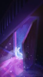 Rule 34 | animal, dark, indoors, light particles, no humans, open door, original, painterly, pink theme, rabbit, scenery, see-through body, snowing, stairs, zandra
