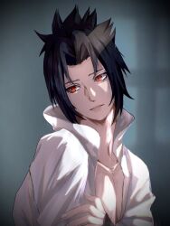 1boy absurdres black_hair collarbone collared_shirt commentary curtained_hair fingernails hand_on_own_arm head_tilt highres long_sleeves looking_to_the_side male_focus mi73suki naruto_(series) naruto_shippuuden open_clothes open_shirt parted_lips popped_collar red_eyes shirt short_hair sideways_glance solo spiked_hair symbol-only_commentary uchiha_sasuke white_shirt window_shadow