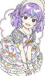 1girl :d blue_hair bonnet collared_dress dress frilled_dress frills ginjiro_(ginjiroxx) highres lolita_fashion looking_at_viewer multicolored_hair open_mouth original puffy_short_sleeves puffy_sleeves purple_eyes purple_hair short_hair short_sleeves smile solo streaked_hair two_side_up white_background wrist_cuffs