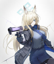 Rule 34 | 1girl, aiming, aiming at viewer, animal ears, black pantyhose, blonde hair, blue archive, blue eyes, blue halo, blue jacket, blue necktie, blue shirt, blue skirt, breasts, dog ears, funky dea1er, glock, gun, hair over one eye, halo, handgun, highres, holding, holding gun, holding weapon, jacket, kanna (blue archive), large breasts, long hair, necktie, one eye covered, pantyhose, shirt, skirt, solo, weapon