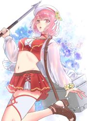 1girl alternate_costume bikini breasts brown_sandals cooler fire_emblem fire_emblem_engage fire_emblem_heroes flat_cap flower hat highres holding_harpoon jacket lapis_(fire_emblem) lapis_(forager_of_the_sea)_(fire_emblem) medium_breasts multicolored_bikini navel nekoyashiki_08 nintendo official_alternate_costume open_mouth pink_eyes pink_hair red_bikini red_skirt sandals skirt sunflower swimsuit white_hat white_jacket