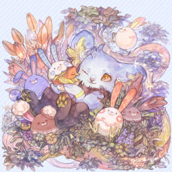 animal_ear_fluff animal_focus azumarill buneary bunnelby easter easter_egg egg flower gen_2_pokemon gen_3_pokemon gen_4_pokemon gen_6_pokemon gen_8_pokemon lying minun mokunami nintendo no_humans on_back one_eye_closed orange_flower parted_lips pawpads plusle pokemon purple_flower scorbunny shinx striped_background torchic tulip yellow_eyes yellow_flower