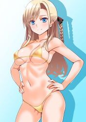 1girl bikini black_background black_bow blonde_hair blue_eyes blush bow braid breasts commission engo_(aquawatery) hair_bow hands_on_own_hips high_school_fleet highres large_breasts looking_at_viewer micro_bikini navel pixiv_commission simple_background smile solo swimsuit wilhelmina_braunschweig_ingenohl_friedeburg