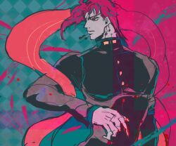 Rule 34 | 1boy, argyle background, arm up, asymmetrical hair, black jacket, blood, blood on clothes, blood on hands, buttons, collared jacket, earrings, expressionless, floating scarf, green theme, ichirinhna, jacket, jewelry, jojo no kimyou na bouken, kakyoin noriaki, looking to the side, male focus, medium hair, multiple earrings, pink eyes, pink hair, pink theme, scarf, solo, stardust crusaders, upper body
