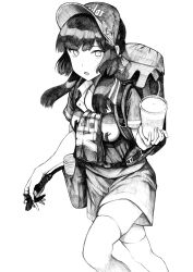 Rule 34 | 1girl, absurdres, alternate costume, backpack, bag, baseball cap, beverage dispenser, blunt sidelocks, feet out of frame, glass, greyscale, hat, highres, hose, kantai collection, long hair, mogador (kancolle), monochrome, nozzle, scarf, shots, sidelocks, solo, thighhighs, tsuji kazuho