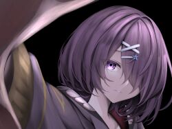 .live 1girl black_background commentary hair_ornament hair_over_one_eye hairclip hashtag-only_commentary highres holiday_sakawa hood hoodie kiso_azuki looking_at_viewer purple_eyes purple_hair simple_background solo virtual_youtuber x_hair_ornament