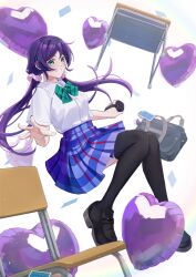 Rule 34 | 1girl, absurdres, bag, balloon, black shoes, black thighhighs, blue skirt, camera, card, chair, commentary, desk, english commentary, falling, green eyes, green ribbon, hair ornament, hair scrunchie, heart balloon, highres, holding, holding camera, long hair, love live!, love live! school idol project, low twintails, midair, neck ribbon, otonokizaka school uniform, purple hair, raven (rnzraven), ribbon, school bag, school chair, school desk, school uniform, scrunchie, shirt, shoes, skirt, smile, solo, thighhighs, tojo nozomi, twintails, white background, white shirt