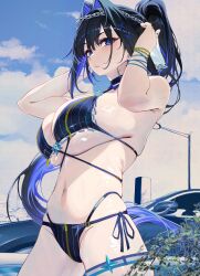 1girl absurdres adjusting_hair alternate_costume bare_arms bare_shoulders bikini black_hair blue_bikini blue_eyes blue_hair blue_sky breasts cleavage cloud commentary cowboy_shot curvy day english_commentary from_side gurei_(streaper42846) hair_intakes halterneck hands_up high_ponytail highres hololive hololive_english large_breasts looking_at_viewer medium_hair multi-strapped_bikini_bottom multicolored_hair navel ouro_kronii outdoors ponytail side-tie_bikini_bottom sideboob sky solo stomach string_bikini swimsuit thighs two-tone_hair underboob virtual_youtuber