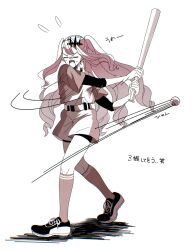 1girl baobhan_sith_(fate) baseball baseball_bat baseball_uniform closed_eyes euhage73 fate/grail_league fate/grand_order fate_(series) full_body hair_ornament highres kneehighs open_mouth pink_hair pointy_ears ponytail sidelocks socks solo sportswear swinging_baseball_bat translation_request white_background