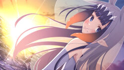1girl alternate_costume aobara_hairi backlighting bare_back bare_shoulders blue_eyes blunt_bangs blush bridal_veil bride closed_mouth cloud colored_tips commentary_request dress dutch_angle from_side gradient_hair gradient_sky highres hololive hololive_english long_hair looking_at_viewer looking_to_the_side mole mole_under_eye multicolored_hair multicolored_sky ninomae_ina&#039;nis ocean orange_hair pointy_ears purple_hair see-through_clothes see-through_veil sky smile solo straight_hair sunset tentacle_hair textless_version turning_head two-tone_hair upper_body veil virtual_youtuber water wedding_dress white_veil
