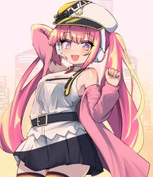 Rule 34 | 1girl, :d, arm up, beatmania iidx, beatmania iidx 31 epolis, belt, bemani, black belt, black skirt, blush, body blush, breasts, building, commentary request, cowboy shot, hat, headphones, headset, highres, long hair, looking at viewer, medium breasts, miniskirt, mizushiro celica, open mouth, peaked cap, pink eyes, pink hair, pink shirt, pleated skirt, shiny skin, shirt, shirt partially removed, skirt, skyscraper, smile, solo, tekina (chmr), twintails, very long hair, white hat