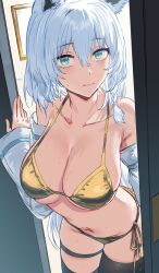 1girl alternate_breast_size animal_ears aqua_eyes bikini black_thighhighs braid breasts cleavage closed_mouth collarbone commentary detached_sleeves doorway fox_ears fox_girl gold_bikini grey_hair hair_between_eyes hand_up hews highres hololive large_breasts leaning_forward long_hair long_sleeves looking_at_viewer open_door shirakami_fubuki side-tie_bikini_bottom solo string_bikini sweat swimsuit thigh_strap thighhighs underboob very_long_hair virtual_youtuber