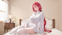 Rule 34 | 1girl, bed, bedroom, blanket, bra, bra visible through clothes, breast pocket, breasts, charon universe, collared shirt, dress shirt, hair between eyes, hair ornament, hair ribbon, hairclip, highres, indoors, karin (charon universe), lampshade, large breasts, long hair, long sleeves, looking at viewer, low ponytail, myomomoo, no pants, on bed, pink eyes, pocket, ponytail, red hair, ribbon, see-through clothes, see-through shirt, shirt, smile, solo, thighs, underwear, very long hair, virtual youtuber, white bra, white shirt