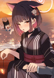 1boy 2girls alternate_costume bikini black_hair black_kimono blank_eyes blue_archive blue_bikini blunt_ends blush colored_inner_hair extra_ears flower grey_jacket highres holding_hands jacket japanese_clothes kazusa_(blue_archive) kikyou_(blue_archive) kikyou_(swimsuit)_(blue_archive) kimono mi_taro333 multicolored_hair multiple_girls obi ocean open_mouth partially_submerged pink_eyes pink_hair red_flower red_sash sash striped_clothes striped_kimono sweat swimsuit two-tone_hair vertical-striped_clothes vertical-striped_kimono white_flower