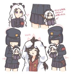 4girls =_= ahoge armband baggy_clothes black_hair blue_archive blunt_bangs blush_stickers breast_pocket brown_hair buttons character_doll collared_shirt crying doll dot_nose double-breasted enobun3gyo fluffy_hair hair_ornament hair_over_eyes hairclip halo hands_on_own_head hat hina_(blue_archive) holster horns jacket kasumi_(blue_archive) lab_coat long_hair military_hat motion_lines multiple_girls necktie parted_bangs pleated_skirt pocket prefect_team_member_(blue_archive) purple_eyes shirt short_hair simple_background skirt sleeves_past_fingers sleeves_past_wrists stuffed_toy sweatdrop translation_request wavy_hair white_background white_hair