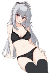 1girl :p ahoge arm_at_side black_panties black_ribbon black_thighhighs blush breasts breasts_apart closed_mouth collarbone commentary dracu-riot! dutch_angle elena_olegovna_owen feet_out_of_frame grey_hair hair_ribbon hand_on_own_thigh head_tilt huge_ahoge large_breasts lingerie long_hair looking_at_viewer navel panties ponytail red_eyes ribbon seductive_smile simple_background sitting smile solo stomach straight_hair tft_(tft7822) thighhighs tongue tongue_out tsurime underwear underwear_only very_long_hair white_background