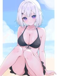 1girl arm_support bikini black_bikini blue_sky border braid breasts cloud cloudy_sky collarbone day feet_out_of_frame frilled_bikini frills hair_between_eyes hair_intakes hair_ornament half_up_braid highres knees_up large_breasts light_blush looking_at_viewer medium_hair original outside_border pillarboxed purple_eyes shore sitting sky smile solo sweat swimsuit tillots white_border white_hair x_hair_ornament