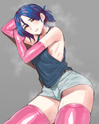 Rule 34 | 1boy, blue hair, blue tank top, commentary, elbow gloves, feminization, gloves, gquuuuuux, gundam, gundam gquuuuuux, male focus, nipple slip, nipples, pink thighhighs, red eyes, short shorts, shorts, steaming body, sweat, tank top, thighhighs, yonyon (yotayota honpo)