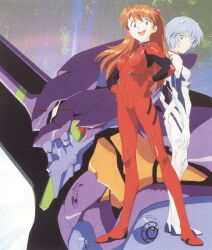 Rule 34 | 2girls, ayanami rei, blue hair, bodysuit, eva 01, highres, horns, mecha, mecha pilot suit, multiple girls, multiple tails, neon genesis evangelion, non-web source, open mouth, orange hair, plugsuit (evangelion), robot, sadamoto yoshiyuki, single horn, souryuu asuka langley, tail