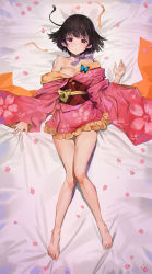 10s 1girl absurdres bare_legs barefoot bed bed_sheet blush breasts brown_hair bug butterfly choker feet female_focus floral_print full_body highres insect japanese_clothes kimono kimono_skirt knees_together_feet_apart koutetsujou_no_kabaneri legs looking_at_viewer lying medium_breasts mumei_(kabaneri) obi off_shoulder on_back petals red_eyes ribbon_choker sash short_hair short_kimono signature solo thighs wide_sleeves yd_(orange_maru)