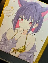 1girl absurdres anger_vein animal_ears bikini black_jacket blue_archive blush breasts cat_ears collarbone colored_inner_hair commentary_request frown gold_bikini hair_ornament hairpin halo halterneck hand_on_own_chin highres jacket kazusa_(blue_archive) kurumi_kororin long_sleeves marker_(medium) medium_hair multicolored_hair off_shoulder photo_(medium) pink_hair pink_halo purple_hair red_eyes shikishi sidelocks small_breasts solo speech_bubble string_bikini stroking_own_chin swimsuit traditional_media