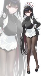 1girl absurdres alternate_costume black_hair black_halo black_pantyhose blue_archive breasts bright_pupils eliteneet halo highres large_breasts multicolored_halo pantyhose red_eyes ringed_eyes rio_(blue_archive) solo two-tone_halo white_pupils