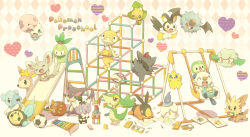 10s 1990s_(style) ball block_(object) boned_meat copyright_name cottonee creature_as_food creatures_(company) cubchoo darumaka deerling deerling_(spring) emolga food foongus game_freak gen_1_pokemon gen_5_pokemon gothita heart joltik jungle_gym lillipup litwick meat minccino mugita_konomi munna nintendo no_humans on_head oshawott petilil pikachu pokemon pokemon_(creature) pokemon_bw pokemon_on_head pokemon_rgby purrloin retro_artstyle scraggy sewaddle slide snivy soccer_ball solosis starter_pokemon_trio swing telstar tepig toy tympole vanillite woobat zorua