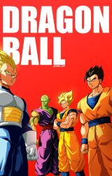 Rule 34 | 4boys, 5002 bus, absurdres, alien, antennae, artist name, bald, black eyes, black hair, blonde hair, blue bodysuit, blue footwear, blue sash, blue shirt, bodysuit, boots, clenched hand, closed mouth, collarbone, colored skin, copyright name, crossed arms, dougi, dragon ball, dragonball z, gloves, green eyes, green skin, highres, male focus, multiple boys, muscular, muscular male, namekian, orange pants, orange shirt, pants, piccolo, pointy ears, purple shirt, red background, red sash, saiyan armor, sash, shirt, sleeveless, son gohan, son goku, spiked hair, super saiyan, super saiyan 1, v-shaped eyebrows, vegeta, white gloves, widow&#039;s peak