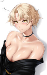 1girl alternate_hairstyle bare_shoulders black_dress blonde_hair blush breasts cleavage dress fate/grand_order fate_(series) looking_at_viewer medium_breasts mordred_(fate) short_hair solo white_background yellow_eyes zealyush