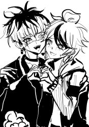 2boys blush bridge_piercing collar earrings eyepatch face_piercing grey_hair hair_between_eyes hair_over_one_eye heart heart_hands heart_hands_duo highres jewelry lip_piercing male_focus messy_hair multicolored_hair multiple_boys omokage_yugamu one_eye_covered open_mouth piercing sumino_takumi teeth the_hundred_line_-last_defense_academy- tongue upper_body upper_teeth_only yaoi