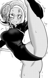 1girl agent_8_(splatoon) blush bodysuit breasts clenched_teeth large_breasts leg_up moodyrover nintendo short_hair solo splatoon_(series) splatoon_2 sweat tears teeth tentacle_hair