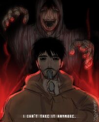 Rule 34 | 2boys, bags under eyes, beard, black eyes, black hair, blood, blood from forehead, blood on face, blood on hands, constricted pupils, crazy grin, cry of fear, dual persona, english text, facial hair, glowing, grabbing from behind, gradient background, grey hoodie, gun, gun to head, gun to mouth, highres, holding, holding gun, holding weapon, hood, hood down, hood up, hoodie, imminent suicide, looking at viewer, messy hair, multiple boys, open mouth, panickedintig, reaching, reaching towards another, short hair, simon henriksson, simon henriksson (book), teeth, upper body, upper teeth only, weapon, yellow hoodie