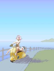 1boy 1girl age_difference barefoot flcl haruhara_haruko hetero motor_vehicle nandaba_naota nude pink_hair scooter sex shota vespa