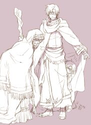 1girl 2boys age_difference aged_down bad_id bad_pixiv_id behind_another canas_(fire_emblem) child cloak closed_eyes clothes_grab commentary father_and_son fire_emblem fire_emblem:_the_binding_blade fire_emblem:_the_blazing_blade grandmother_and_grandson greyscale height_difference hiding hiding_behind_another highres holding holding_staff hood hood_up hooded_cloak hugh_(fire_emblem) inagi long_sleeves looking_at_another monochrome monocle mother_and_son multiple_boys niime_(fire_emblem) nintendo old old_woman peeking_out puff_of_air robe sash shaded_face shoes short_hair simple_background sketch smile staff standing twitter_username