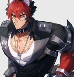 1boy animal_ear_fluff animal_ear_piercing animal_ears bandaged_arm bandages black_choker black_hair black_jacket choker closed_mouth collarbone collared_jacket commentary_request crossed_bangs domo_(domo_kizusuki) ear_piercing frown grey_background hair_between_eyes highres jacket jewelry komano_manato lapels large_pectorals leather leather_jacket looking_at_viewer male_focus multicolored_hair muscular muscular_male necklace pectoral_cleavage pectorals piercing red_eyes red_hair scar scar_across_eye scar_on_chest scar_on_face serious shirt short_hair simple_background solo spikes two-tone_hair upper_body v-shaped_eyebrows white_shirt wolf_ears zenless_zone_zero