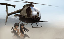 1other 2girls aircraft animal_ears artist_name assault_rifle bikini black_hair cat_ears commentary dated dead-robot gloves gun helicopter holding holding_gun holding_weapon long_hair looking_at_viewer military military_vehicle mixed-language_commentary multiple_girls original rifle short_hair submachine_gun swimsuit twitter_username watermark weapon white_bikini