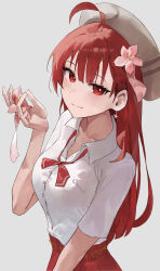 1girl absurdres ahoge beret closed_mouth earrings flower grey_background grey_hat hair_flower hair_ornament hair_ribbon hat highres holding holding_flower jewelry long_hair mac_star original pink_flower red_eyes red_hair red_ribbon ribbon shirt simple_background smile white_shirt
