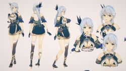 3d back_tattoo blue_hair breasts cleavage ellenlaire etain_(mabinogi) green_eyes high_heels highres koikatsu_(medium) low_ponytail mabinogi multiple_views ponytail simple_background single_thighhigh tattoo thighhighs