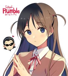 1boy 1girl black_hair blue_eyes commentary_request copyright_name fingers_together hair_tie harima_kenji head_only highres looking_at_viewer school_rumble school_uniform short_twintails simple_background tsukamoto_tenma twintails two_side_up upper_body white_background yukichi_(eikichi)