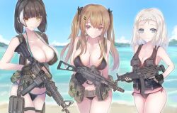 Rule 34 | 3girls, absurdres, bandolier, belt, bikini, black bikini, black gloves, blue sky, breasts, brown eyes, brown hair, colt 9mm smg, day, girls&#039; frontline, gloves, gun, h&amp;k mp5, h&amp;k ump, highres, holding, holding gun, holding weapon, large breasts, load bearing vest, martinreaction, mp5 (girls&#039; frontline), multiple girls, ocean, ro635 (girls&#039; frontline), sky, submachine gun, swimsuit, ump9 (girls&#039; frontline), water, weapon